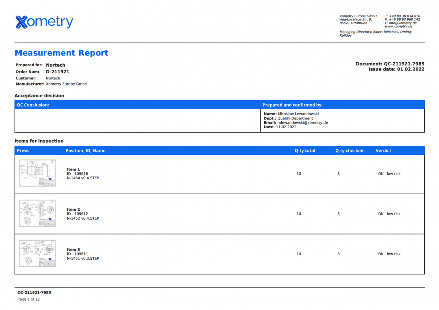 Xometry Inspection Report.pdf Quality Assurance & Control | Xometry Europe