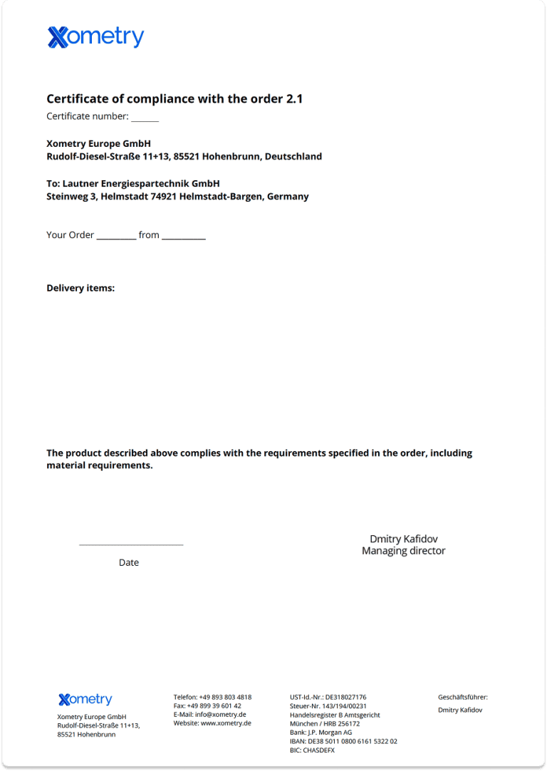 Xometry Inspection Report.pdf Certifications and Inspection Reports | Xometry Europe