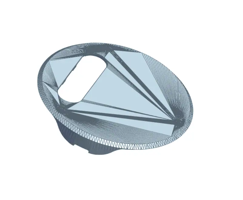 Grey 3D CAD wireframe mesh of a circular internal plate with a single oblong cutout.