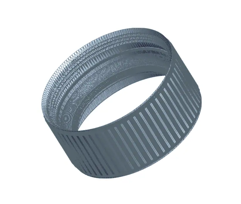 Isometric 3D CAD wireframe mesh of the ribbed cylindrical threaded ring for the canister lid.