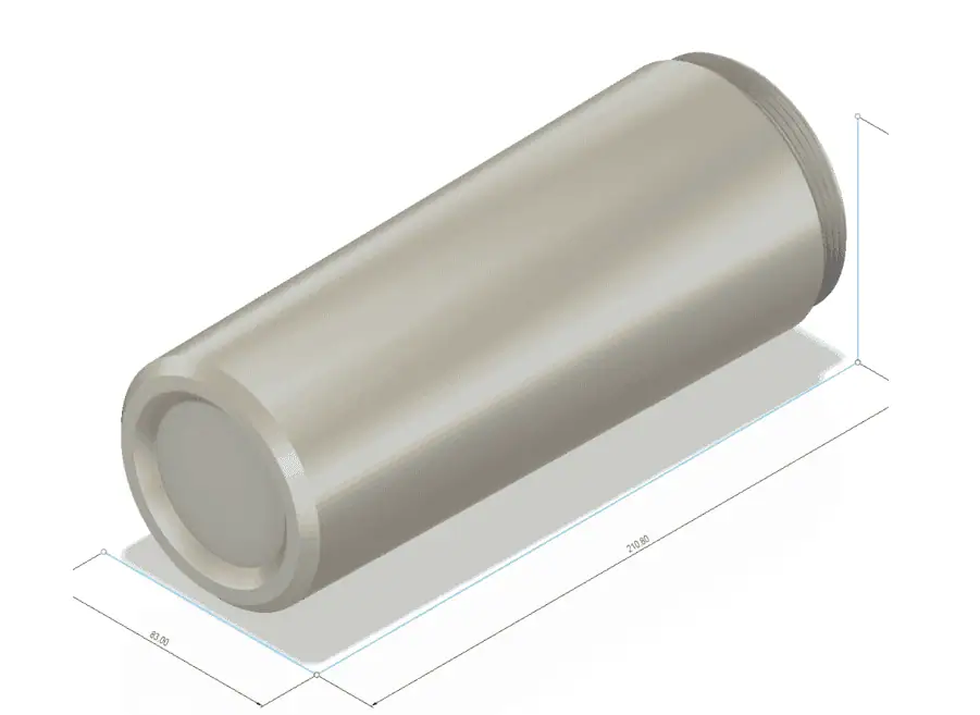 3D CAD model of the main cylindrical canister body with engineering dimension markers showing 83.00 by 210.80 millimeters