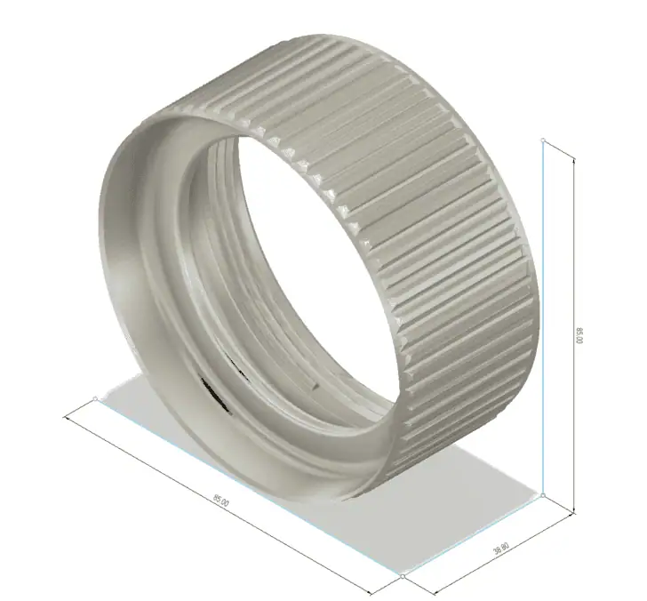 3D CAD model of the ridged white canister cap with engineering measurement lines showing 85.00 by 38.80 millimeters