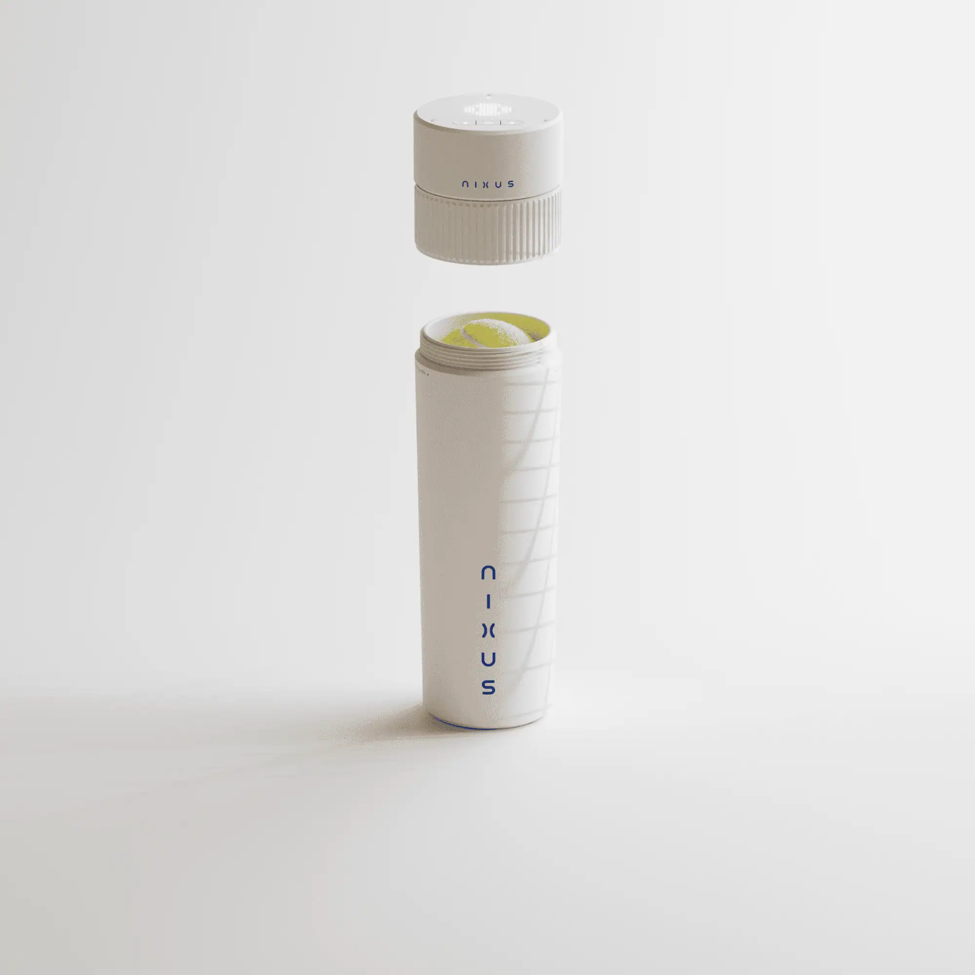 Studio render of a yellow tennis ball sitting inside the opened white NIXUS canister body while the cap hovers above it.