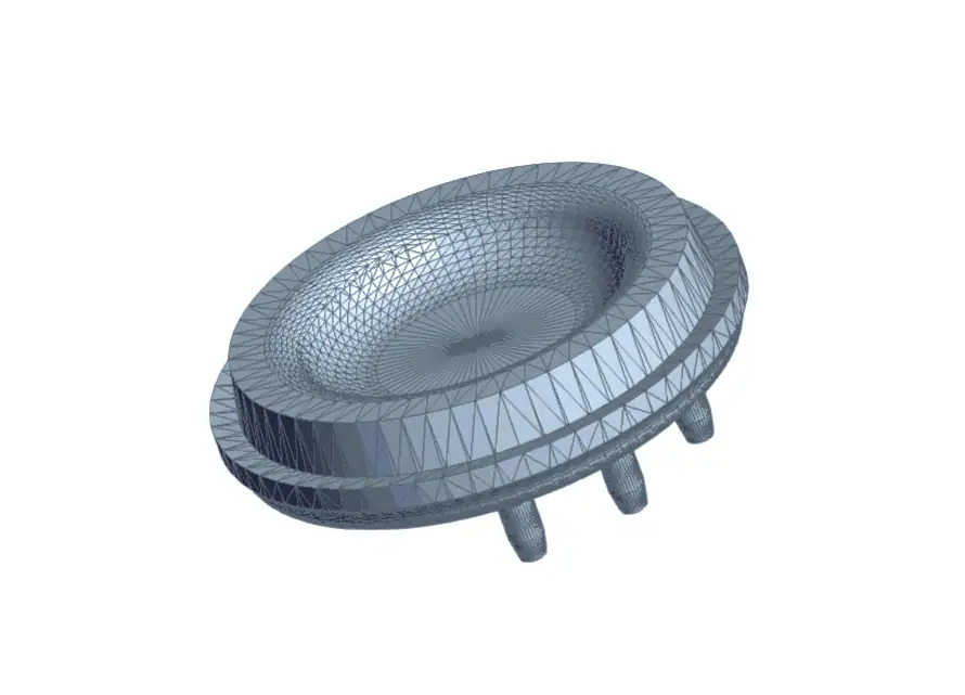 Three-quarter 3D CAD wireframe view of a circular inner valve plate showing four pins on the bottom.